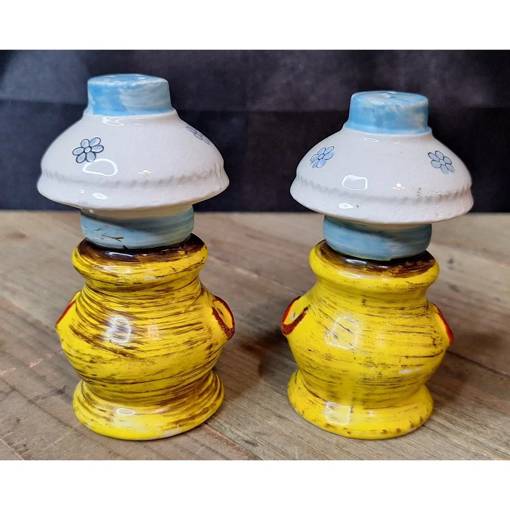Vintage Artmark Japan Oil Lamp Salt and Pepper Shakers Yellow Floral Ceramic Set